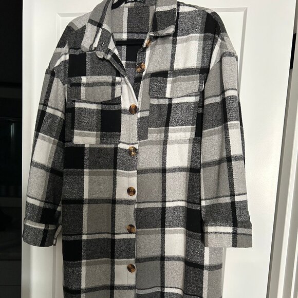 SHEIN, FLANNEL COAT, LG/EXLG BLK, GREY WHT - Picture 1 of 3